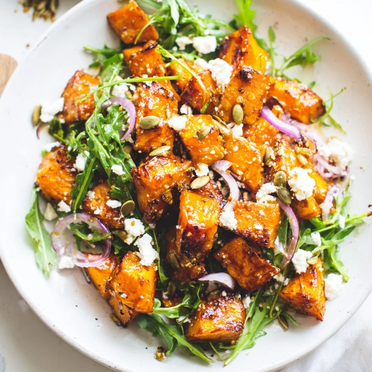 Fresh roasted sweet potato salad with sweet caramelized potatoes, peppery arugula, red onion, feta, and pepitas tossed in honey-lime dressing for a light lunch.