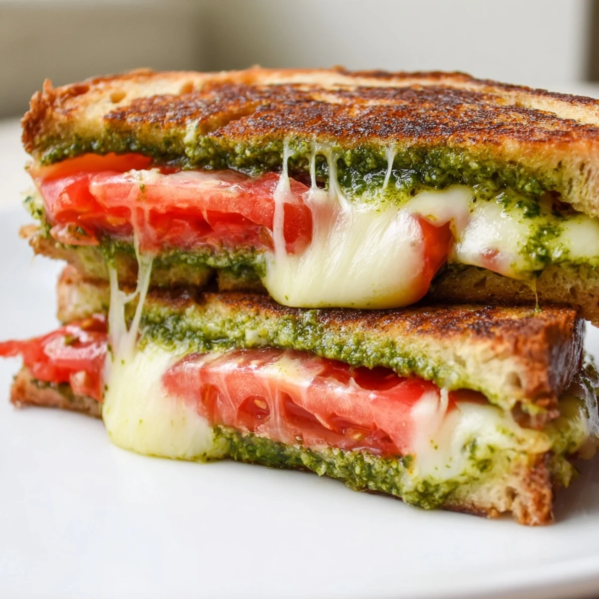 Golden-brown Caprese Pesto Grilled Cheese sandwiches are sliced to reveal melted mozzarella and ripe tomato layers, served fresh.