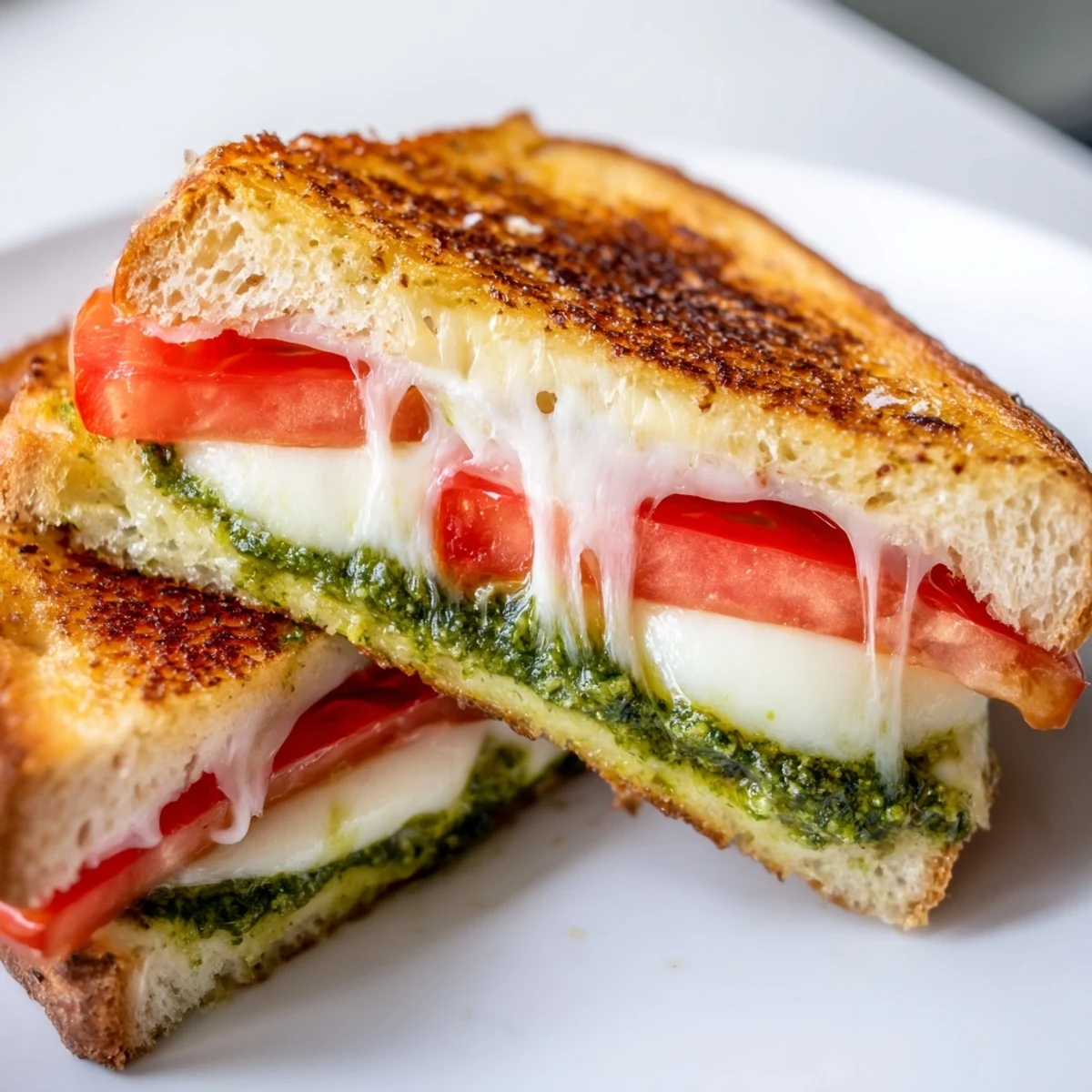 Plate of Caprese Pesto Grilled Cheese with golden crust, melted cheese, and fresh tomato, ready for a satisfying lunch.