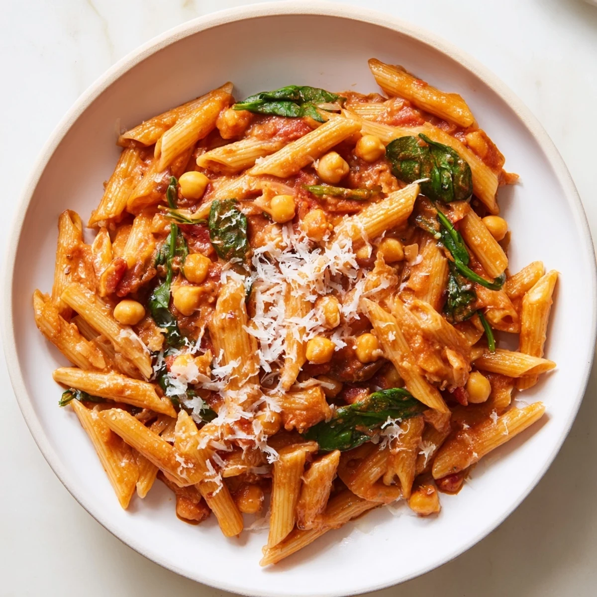 Creamy Tuscan Chickpea Pasta in a skillet, featuring al dente pasta coated in a rich tomato cream sauce with tender chickpeas and wilted spinach.
