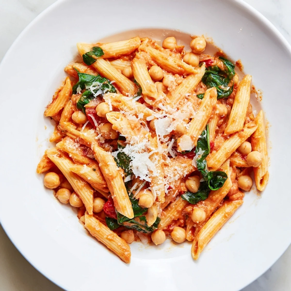 Hearty and colorful bowl of Creamy Tuscan Chickpea Pasta, garnished with fresh basil and a sprinkle of Parmesan, ready for a comforting dinner.