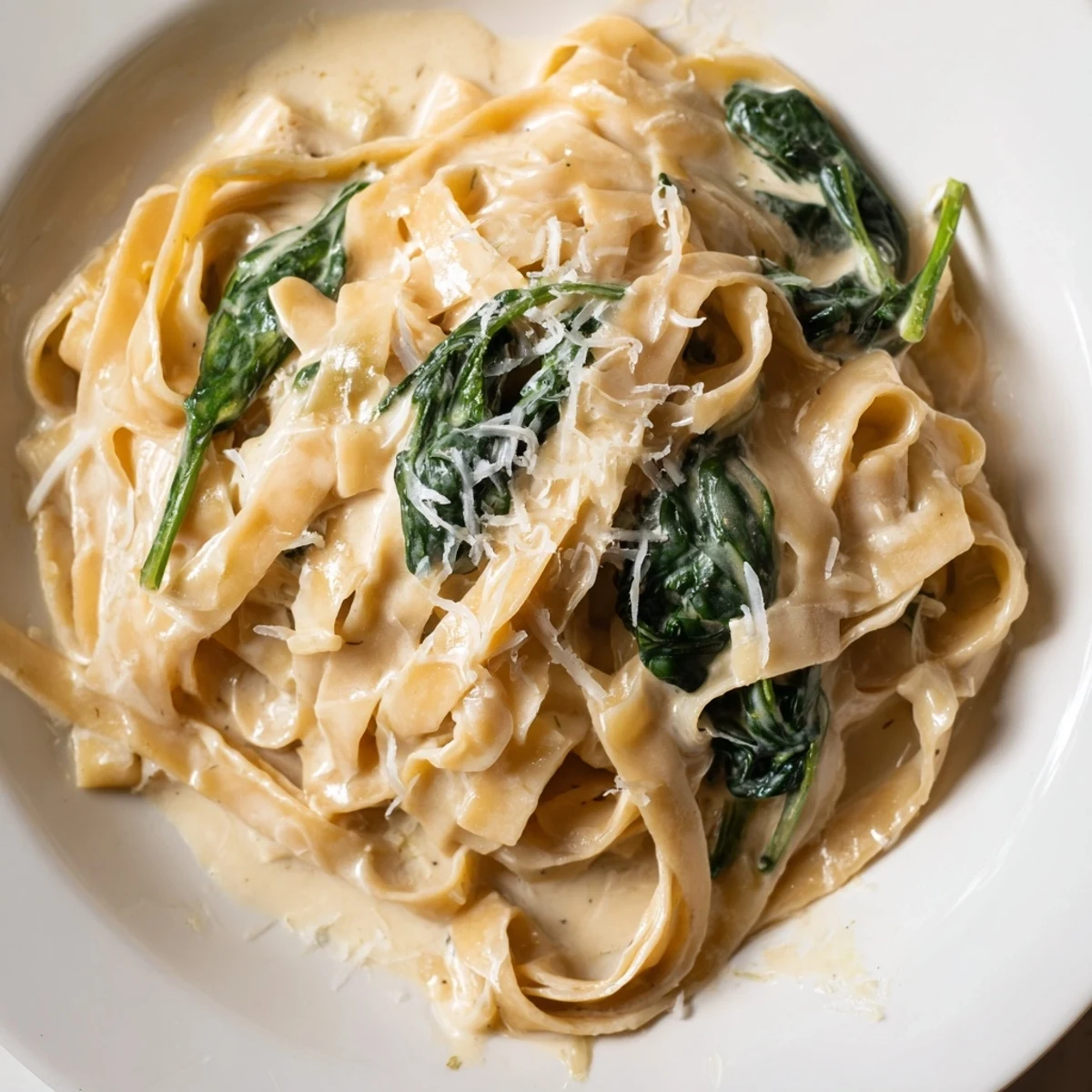 Creamy Garlic Spinach Pasta features fettuccine tossed in a rich garlic cream sauce with vibrant wilted spinach leaves.