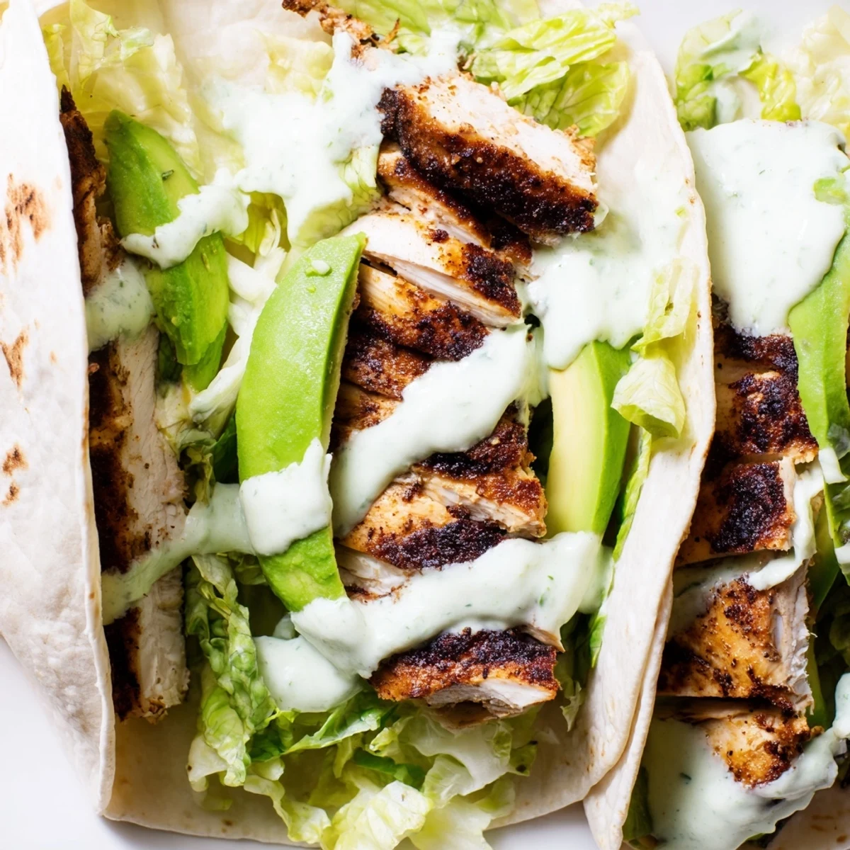 Smoky Chipotle Chicken Wrap sliced in half, revealing layers of grilled chicken, crisp romaine, creamy avocado, and fresh red onion.  