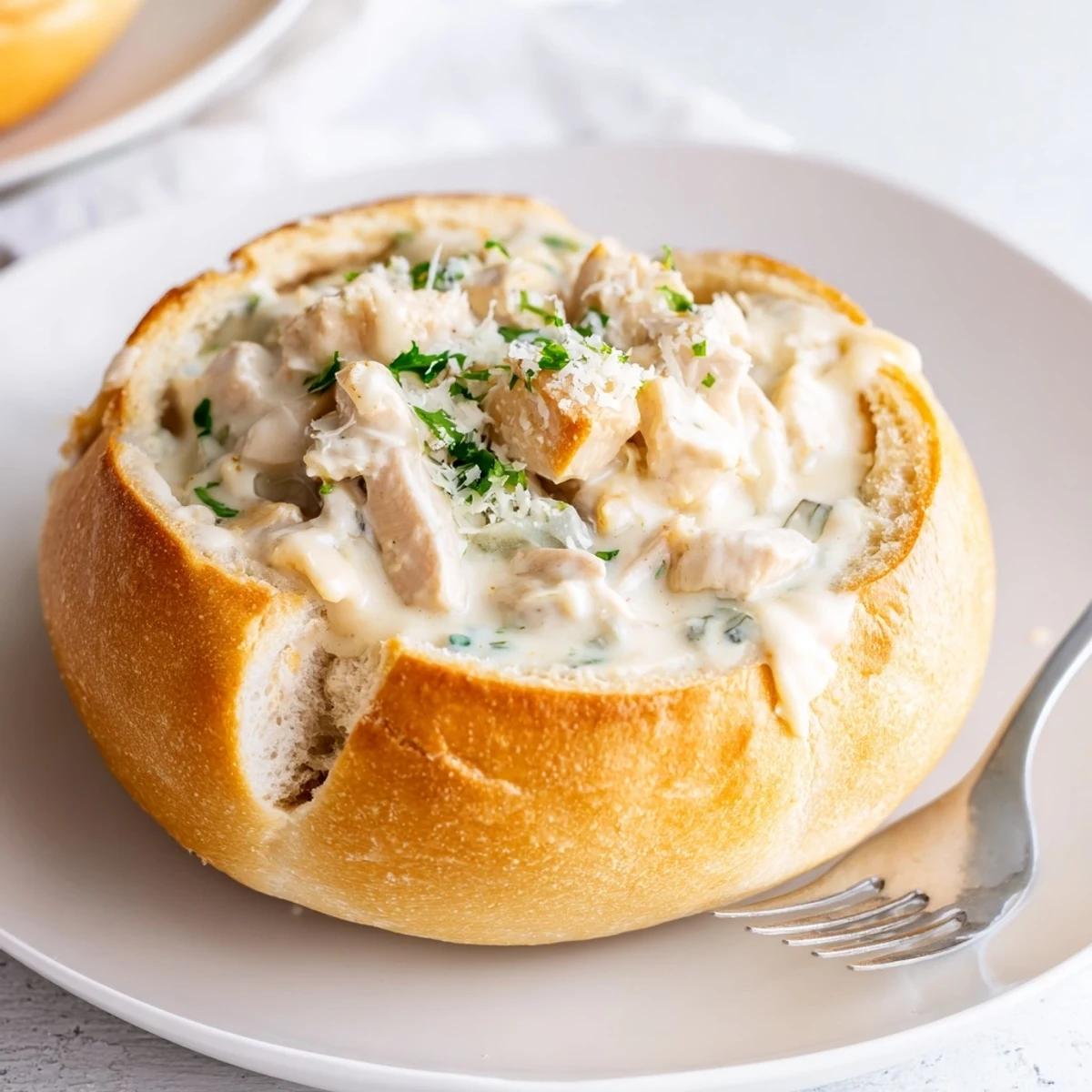 Golden, crispy bread bowls brimming with creamy Chicken Alfredo and topped with melted Parmesan cheese.  