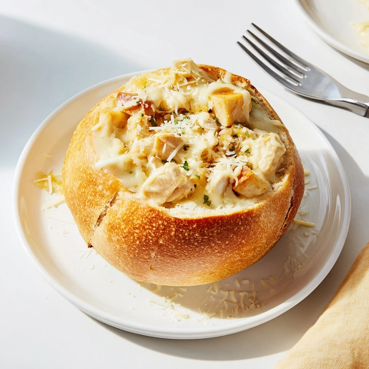 Freshly baked Chicken Alfredo Bread Bowl filled with tender chicken and a luscious Parmesan cream sauce.