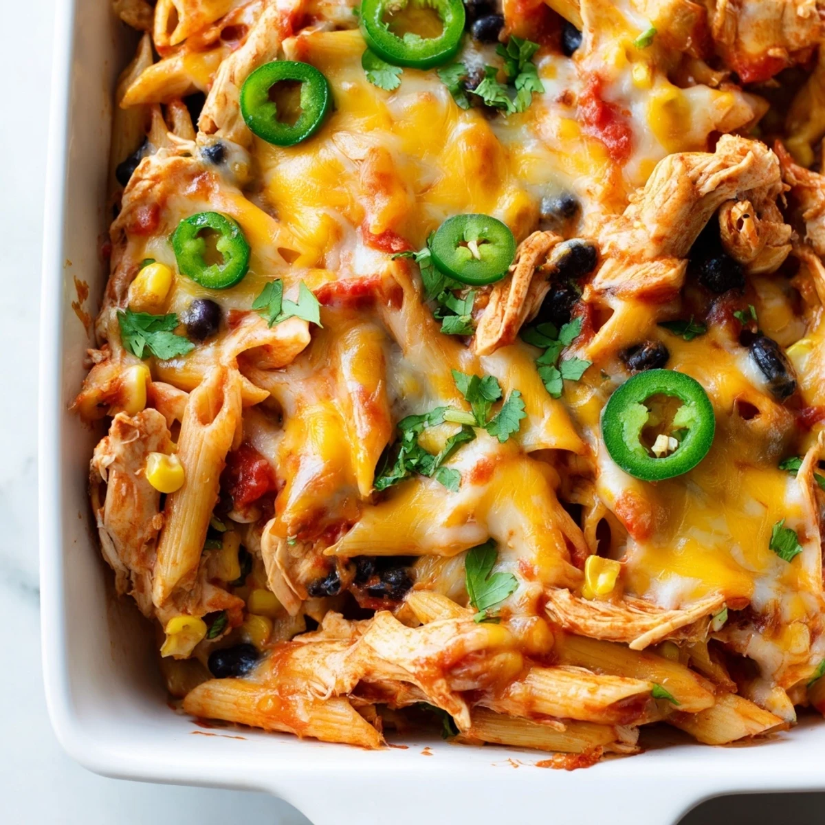 A bubbling pan of Chicken Burrito Pasta Bake with melted cheddar and Monterey Jack cheese.