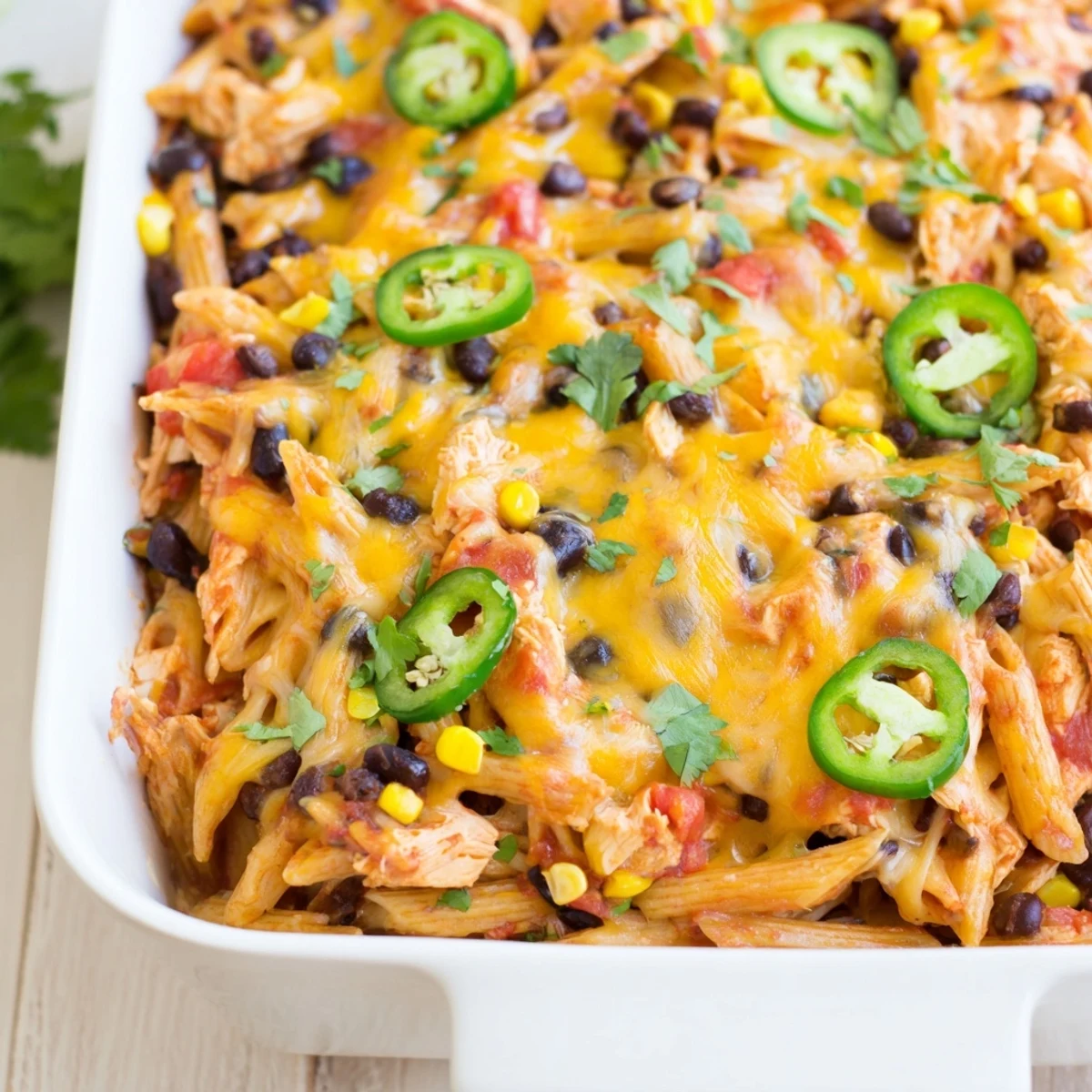 A hearty slice of Chicken Burrito Pasta Bake reveals tender chicken, black beans, and corn.