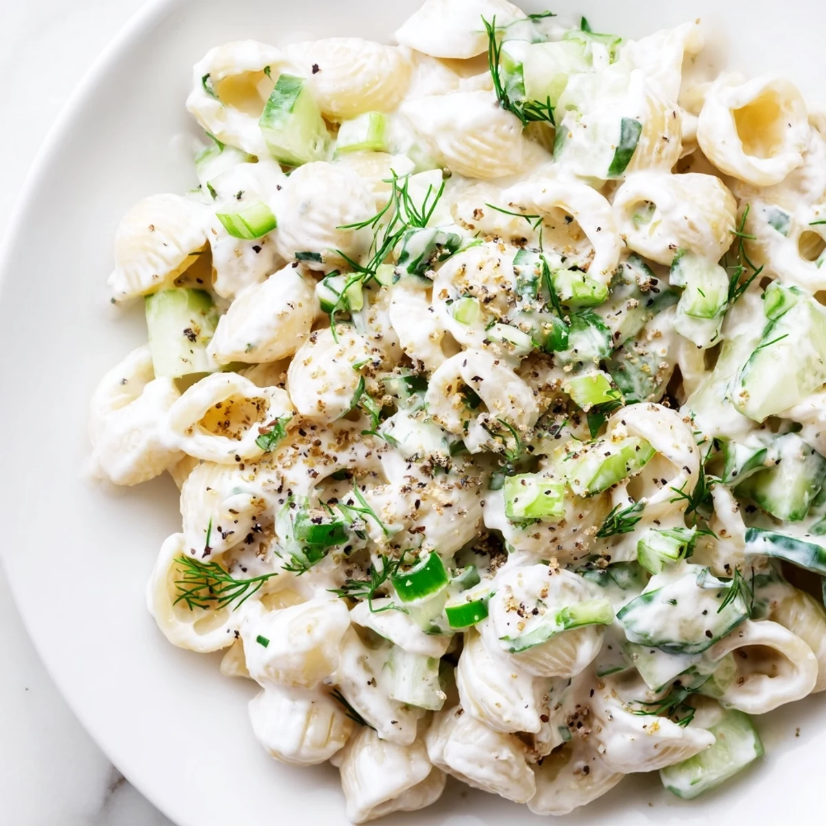 Creamy Cucumber Crunch Pasta Salad with tender shells, crisp cucumber, dill, and everything bagel seasoning, perfect for summer picnics.