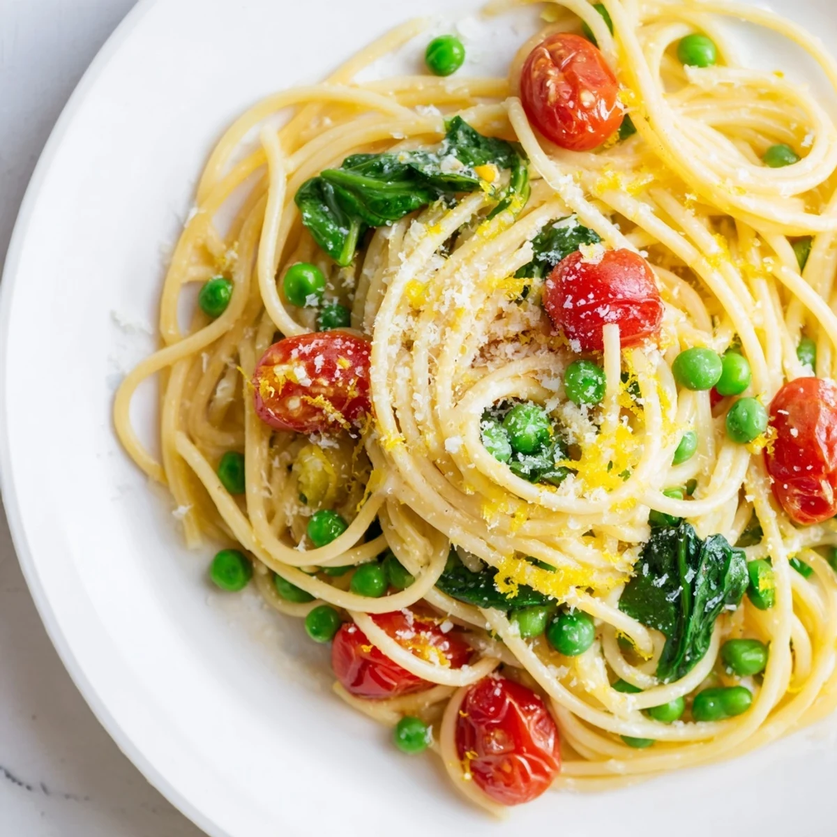 Bright green peas, spinach, and halved cherry tomatoes mingle with al dente spaghetti in a savory one-pot broth.