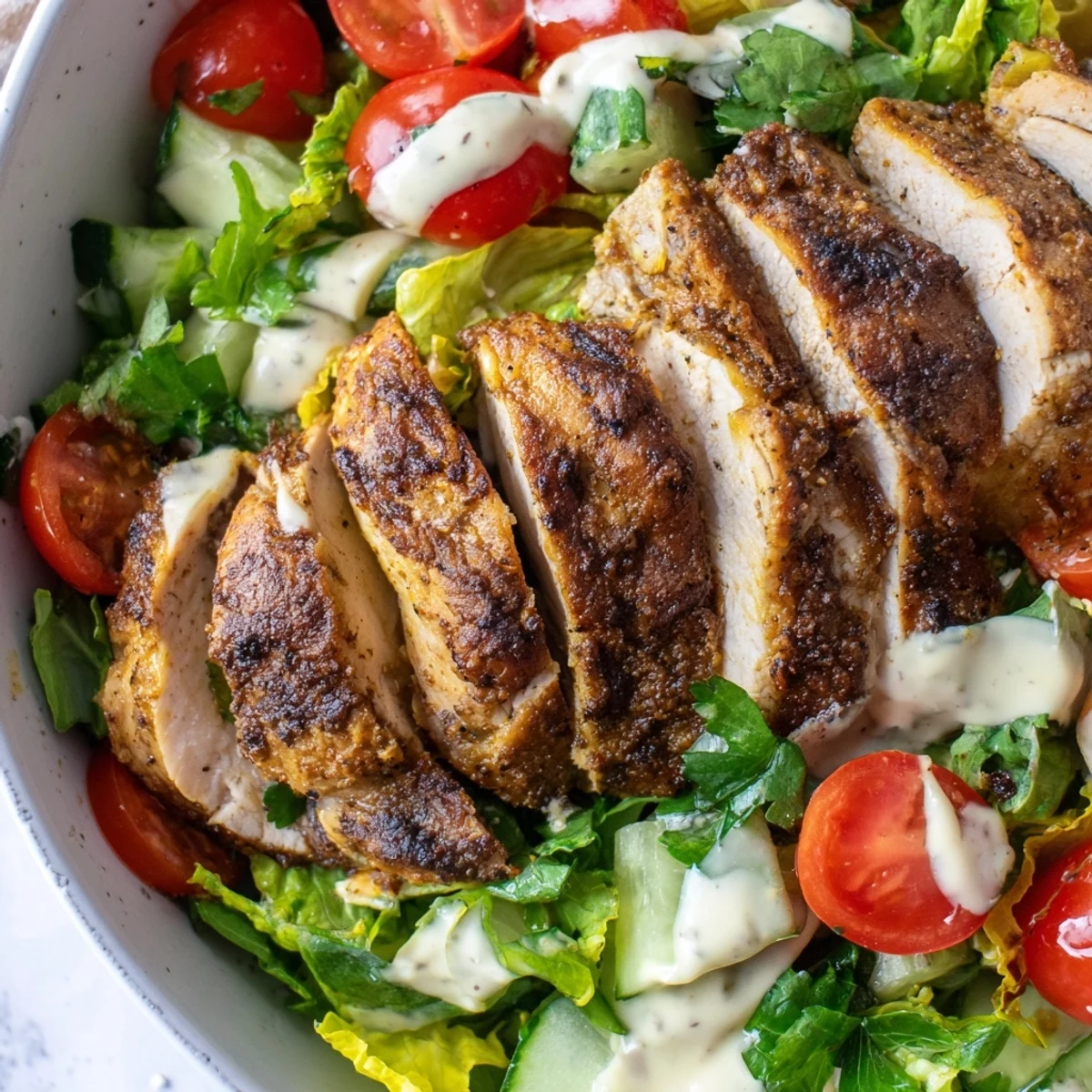 Sliced spiced chicken shawarma sits atop crisp mixed greens with tomatoes, cucumber, and parsley, drizzled with creamy garlic sauce in a healthy salad bowl.