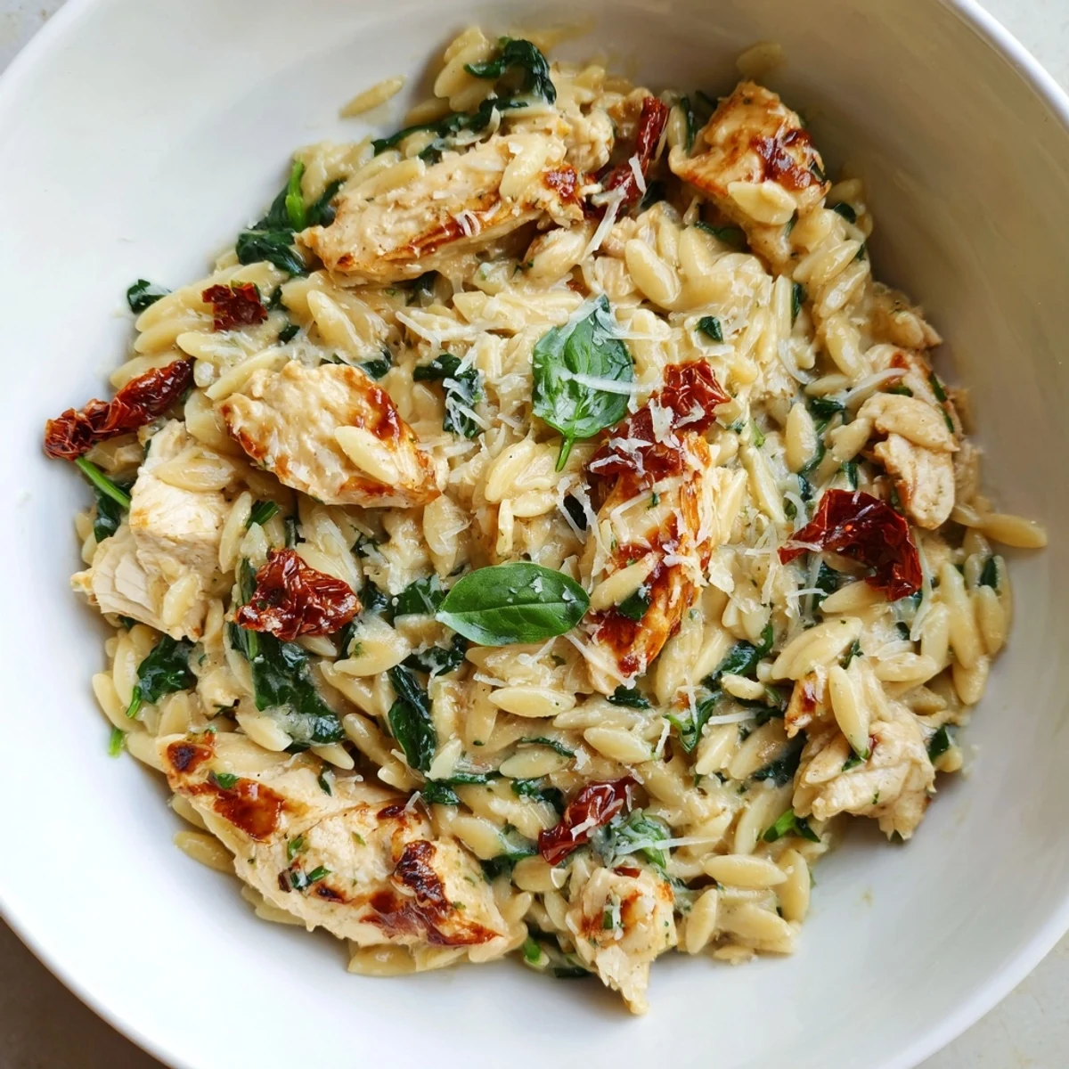 A bowl of creamy Tuscan Chicken Orzo with tender chicken pieces, vibrant sun-dried tomatoes, and wilted spinach, garnished with fresh basil.
