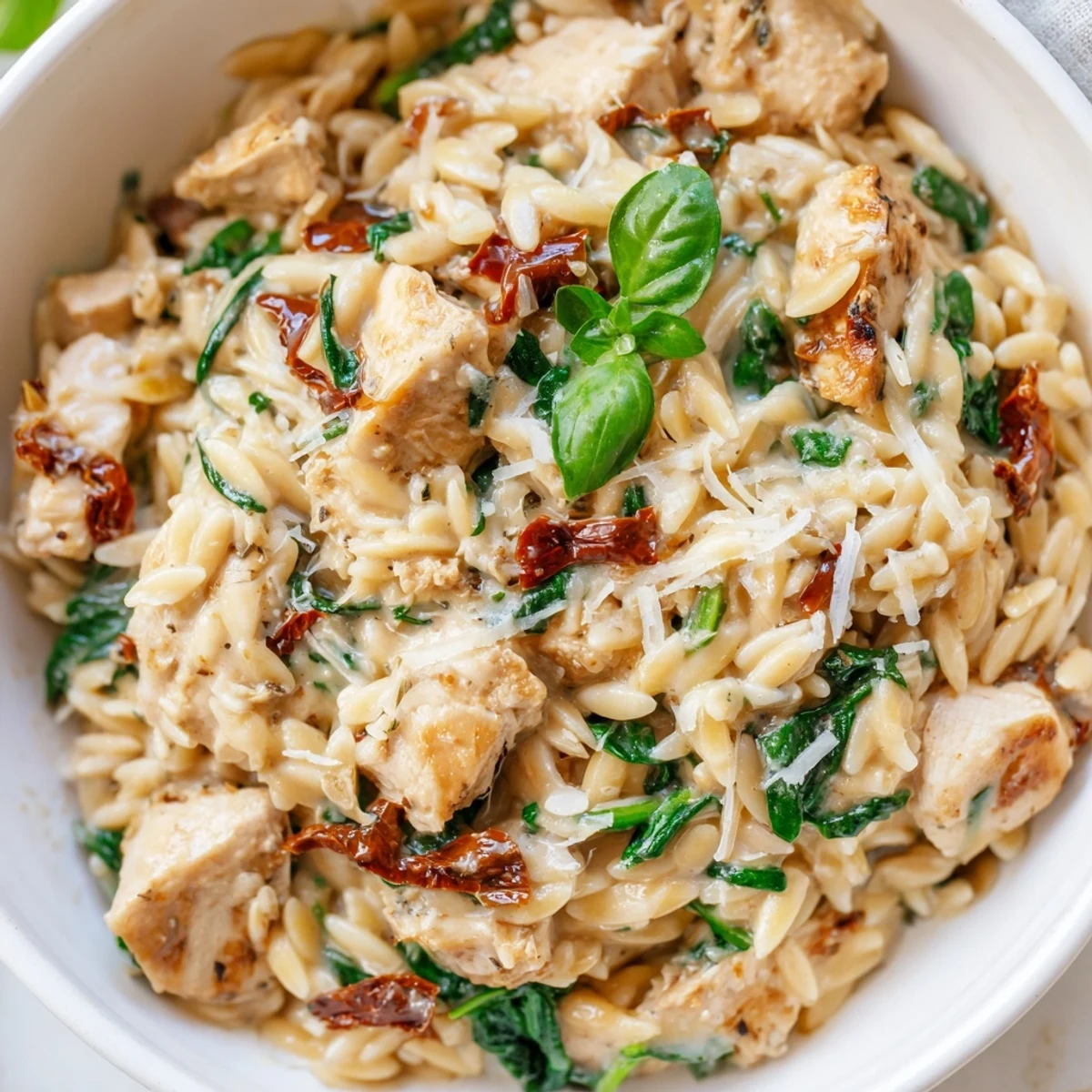 Tuscan Chicken Orzo simmering in a rich, golden sauce, featuring juicy chicken, orzo pasta, and aromatic garlic in a rustic skillet.