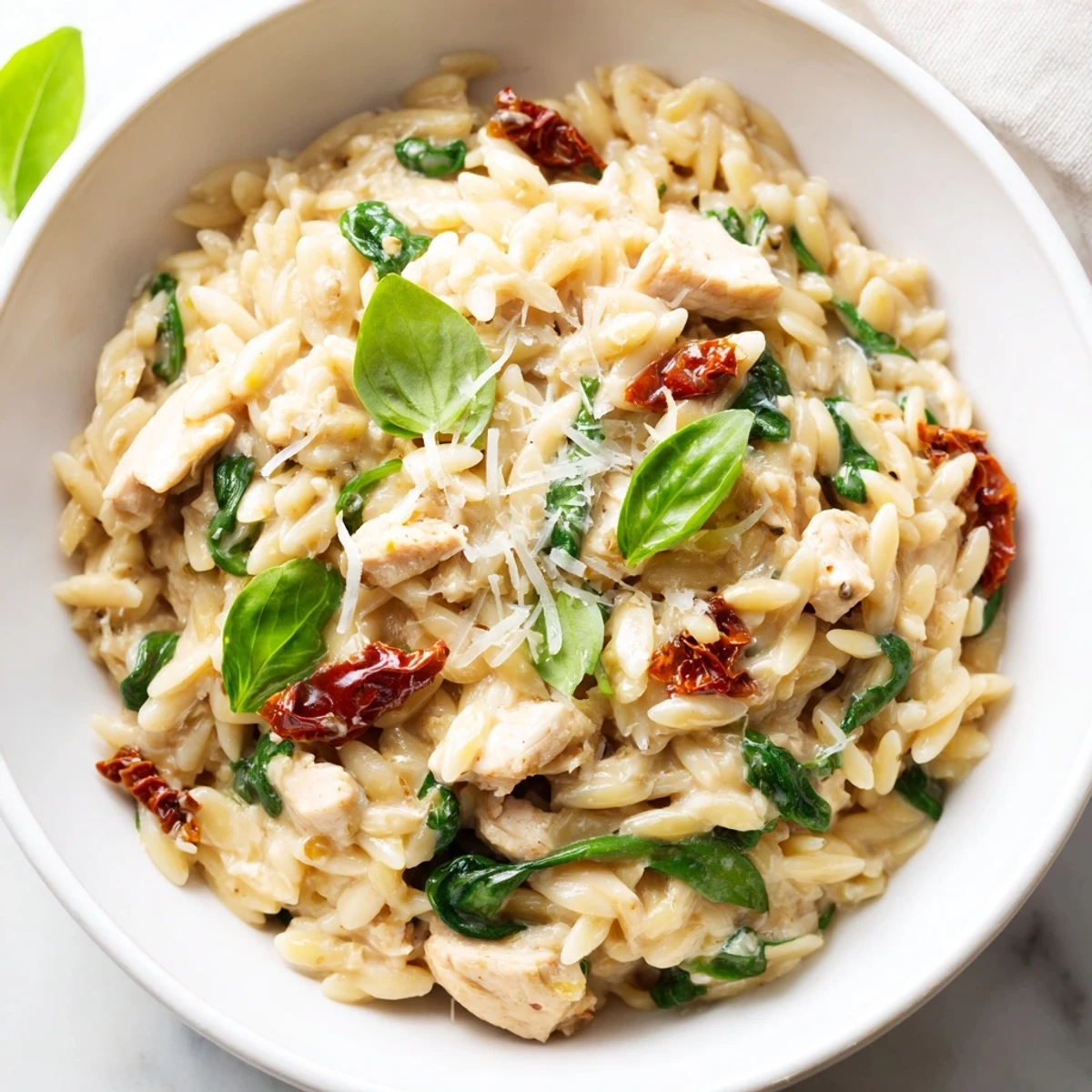 Close-up of a delicious serving of Tuscan Chicken Orzo, topped with melted Parmesan and fresh basil leaves on a white plate.