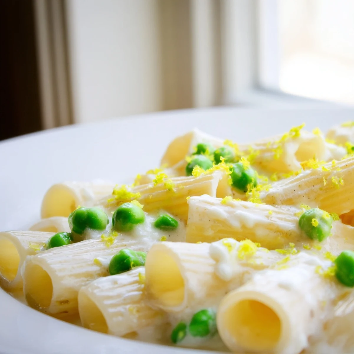 Freshly cooked Pea & Lemon Ricotta Pasta tossed in a creamy sauce, garnished with vibrant green peas and a sprinkle of Parmesan.