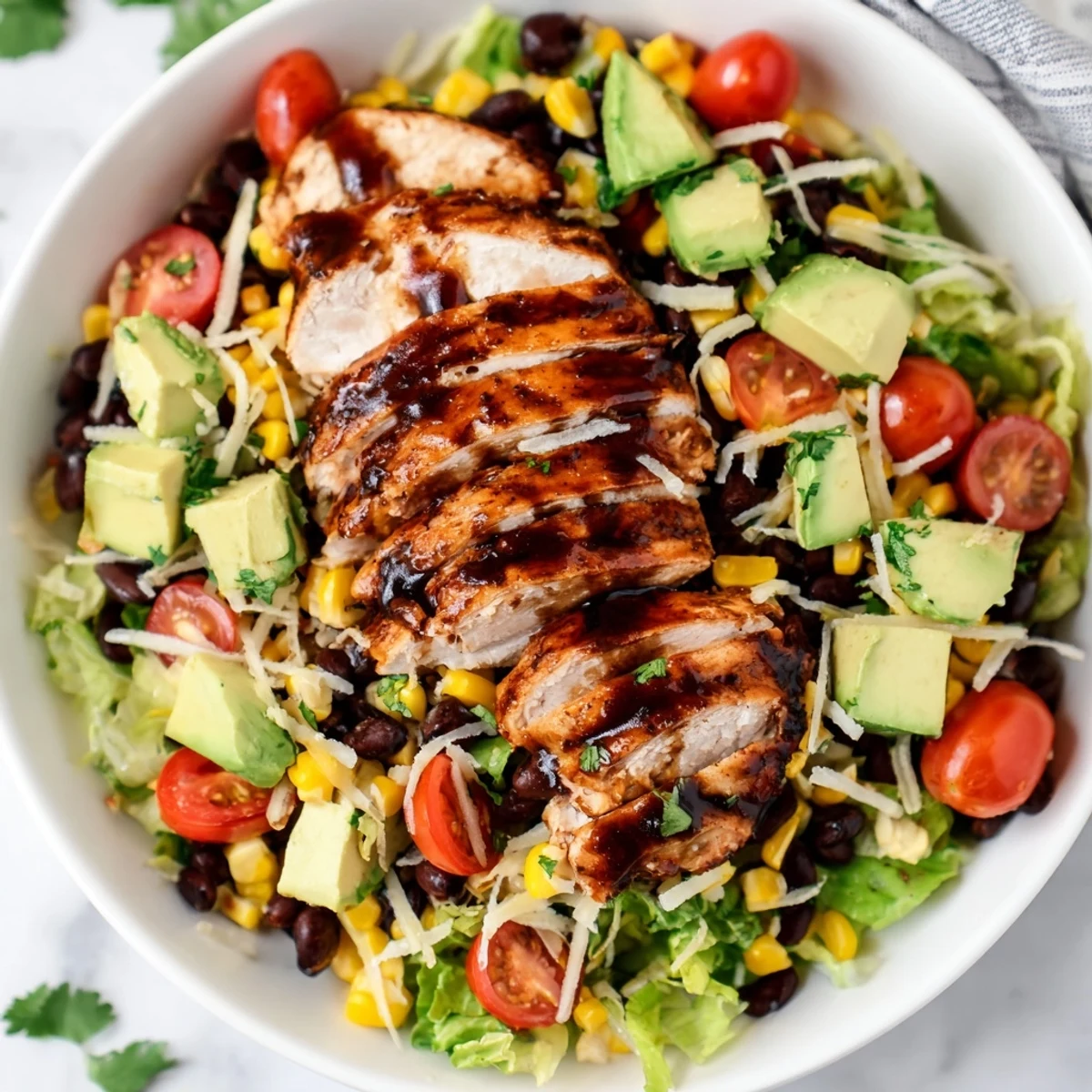 Freshly grilled chicken slices with honey-lime glaze top a vibrant salad of romaine, corn, black beans, avocado, and crunchy tortilla strips.