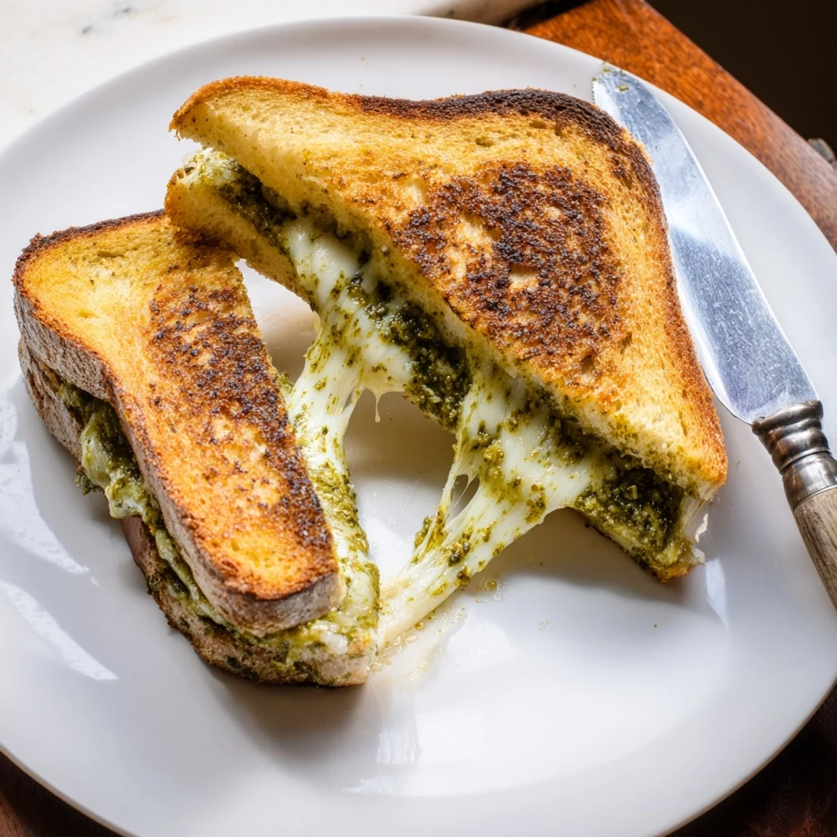 A crispy sourdough pesto grilled cheese sandwich rests beside a creamy bowl of tomato soup for dipping.