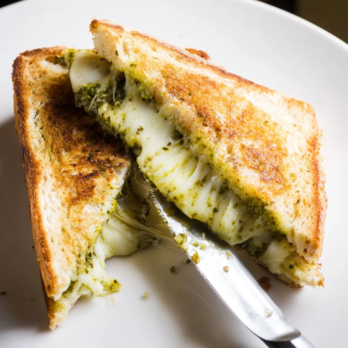Buttery, golden sourdough pesto grilled cheese cut diagonally, with vibrant green basil pesto and stretchy melted cheese.