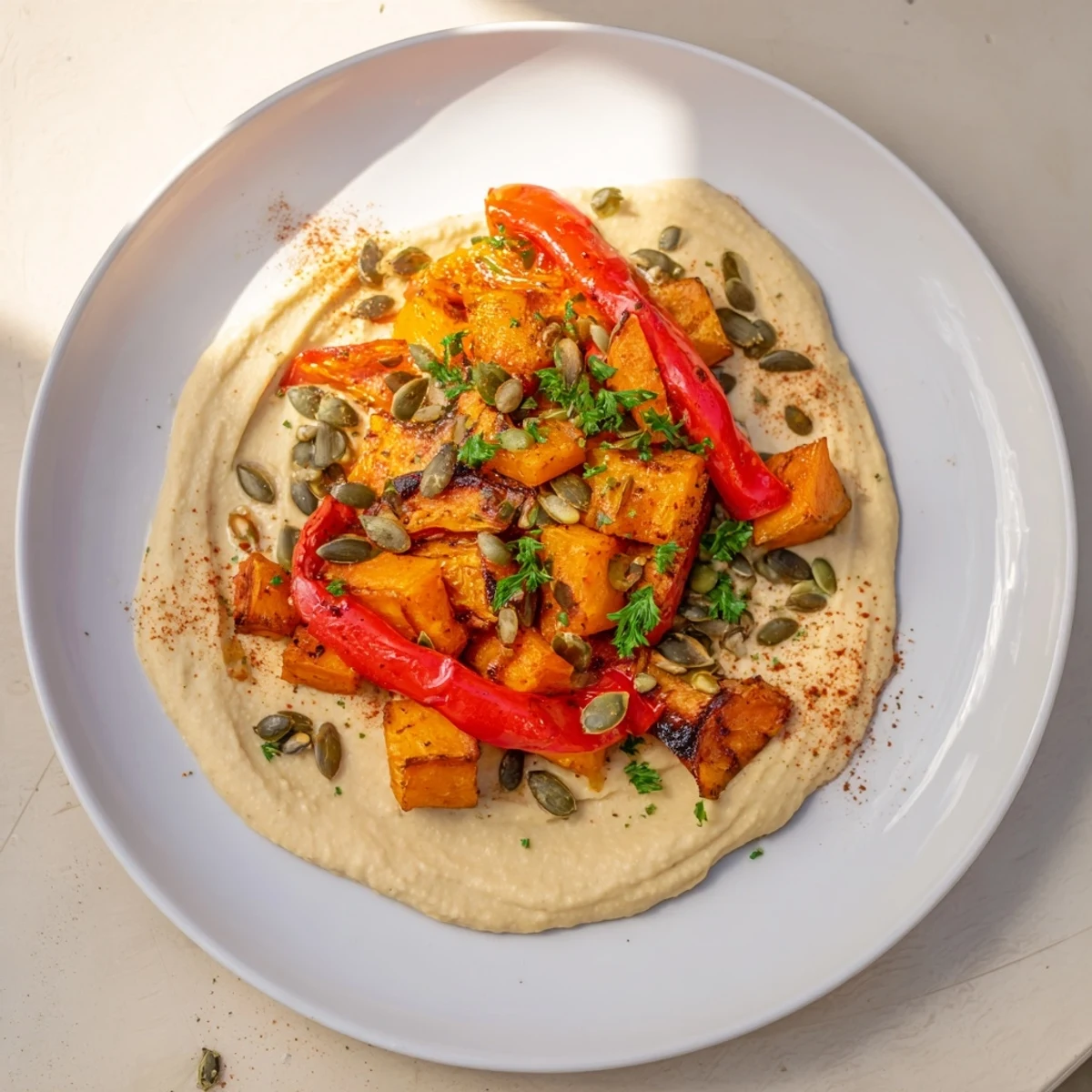 A close-up of Roast Squash and Hummus Winter Salad showing creamy butter bean hummus topped with golden roasted butternut squash, sweet potatoes, and red bell peppers.  