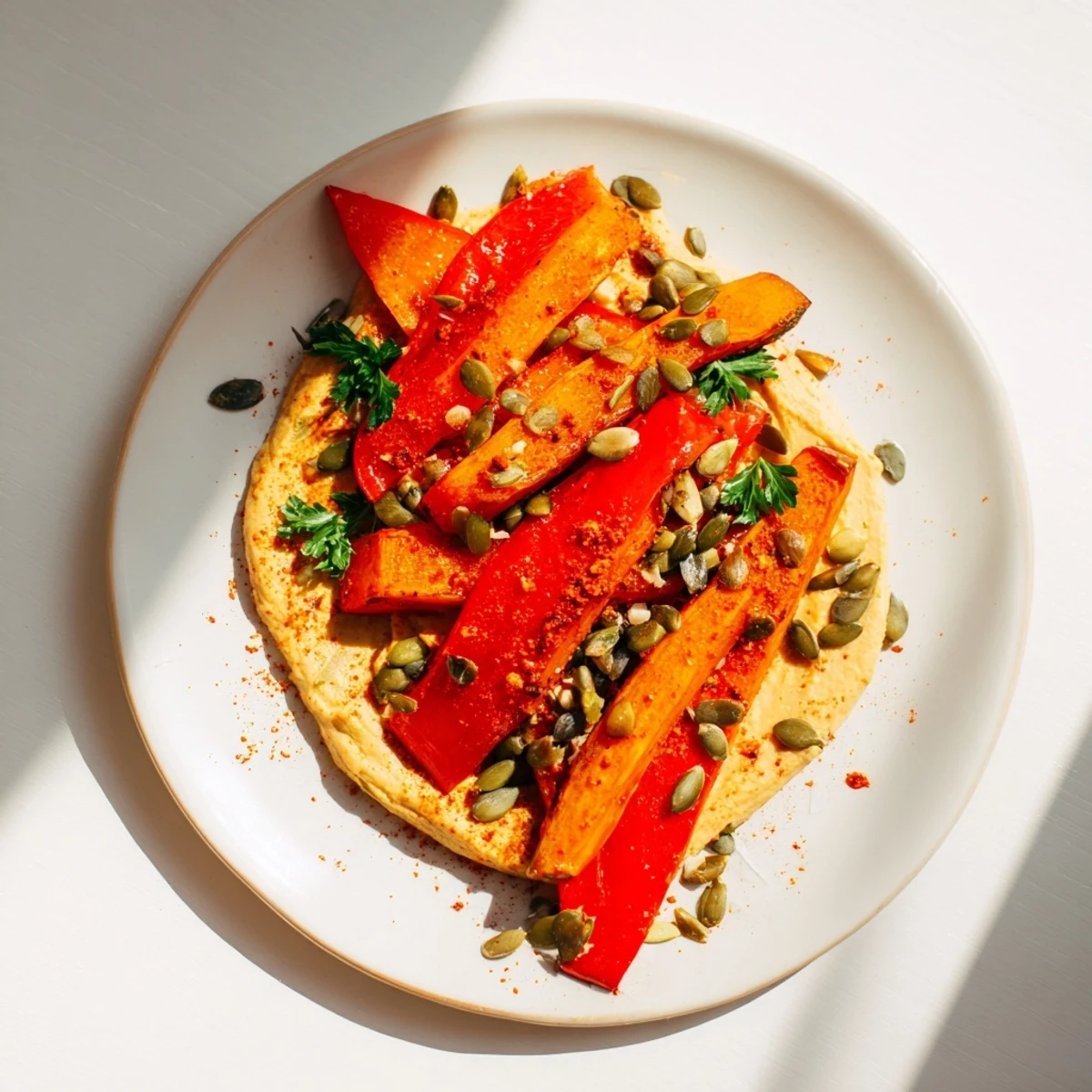 The vibrant Roast Squash and Hummus Winter Salad is garnished with toasted seeds and fresh parsley on a rustic wooden table.  