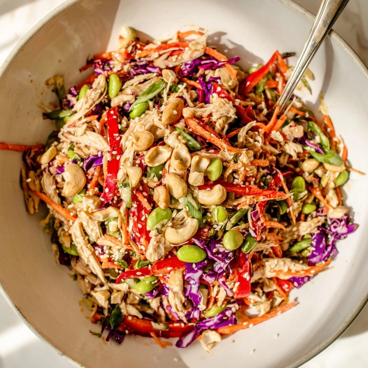 Serving suggestion for Edamame Crunch Chicken Salad in a white bowl with fresh lime wedges and herbs nearby.