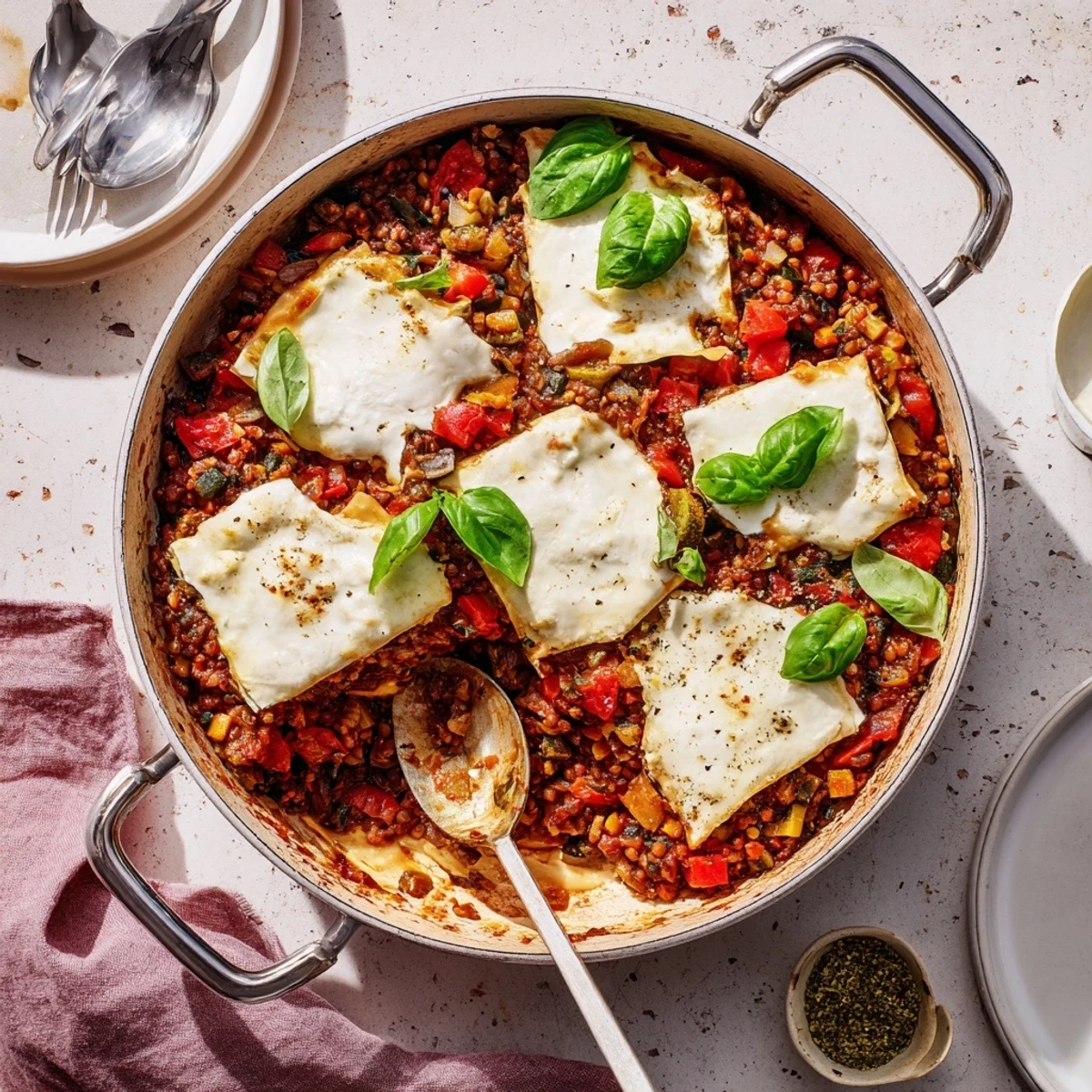 A close-up of One-Pan Smoky Veggie Lentil Lasagne with golden, bubbling mozzarella and fresh basil on top.