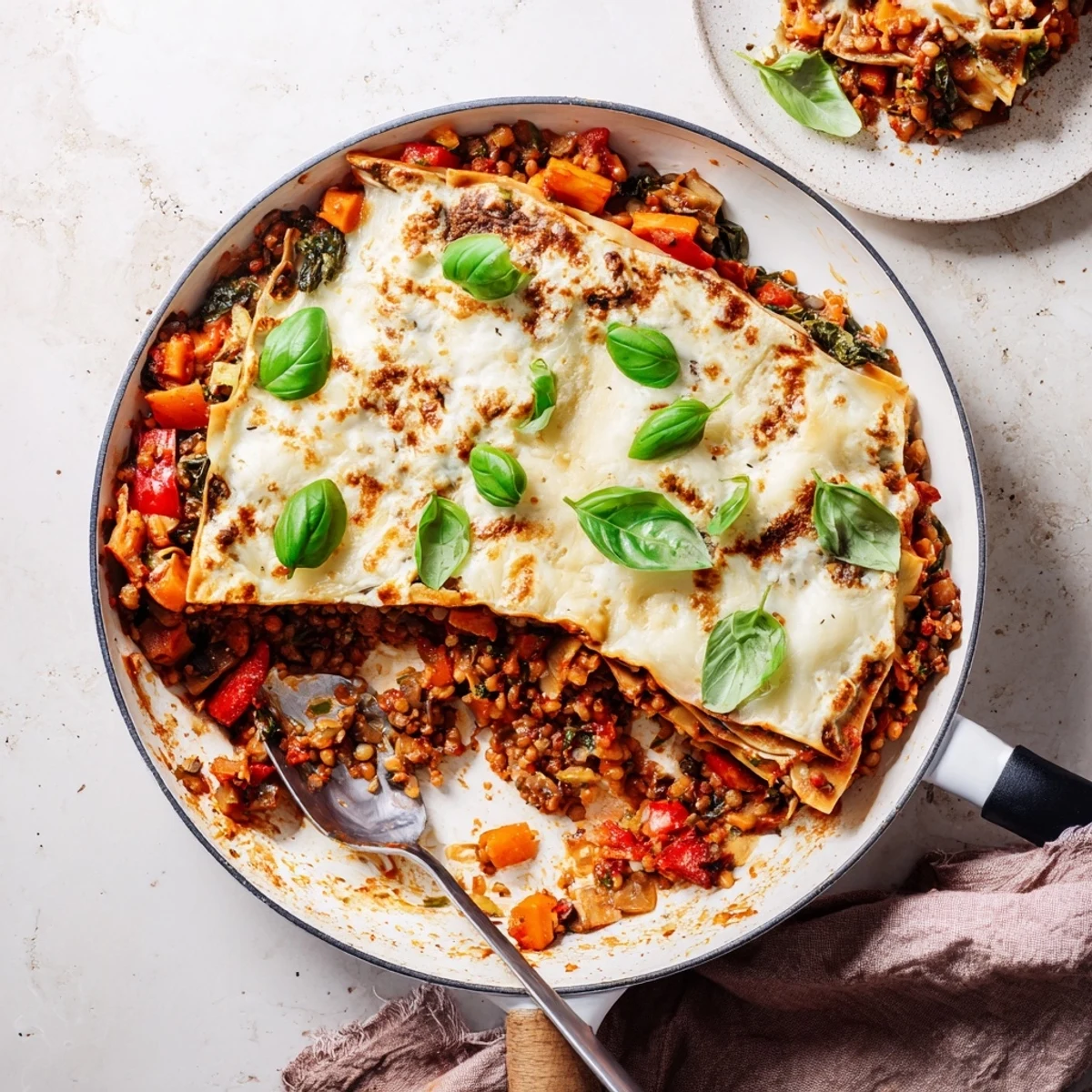 One-Pan Smoky Veggie Lentil Lasagne served from the skillet with a rustic green salad on the side.