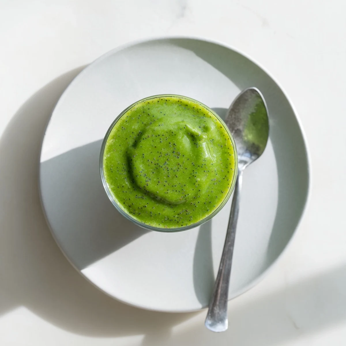 Vibrant green detox smoothie made with romaine, spinach, and chia seeds in a tall glass, perfect for a refreshing morning boost.  