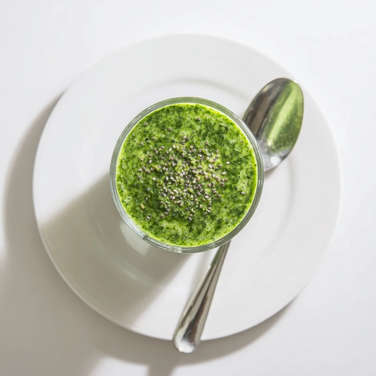 A tall glass of green detox smoothie garnished with mint leaves, blending banana and apple with leafy greens for a refreshing sip.  