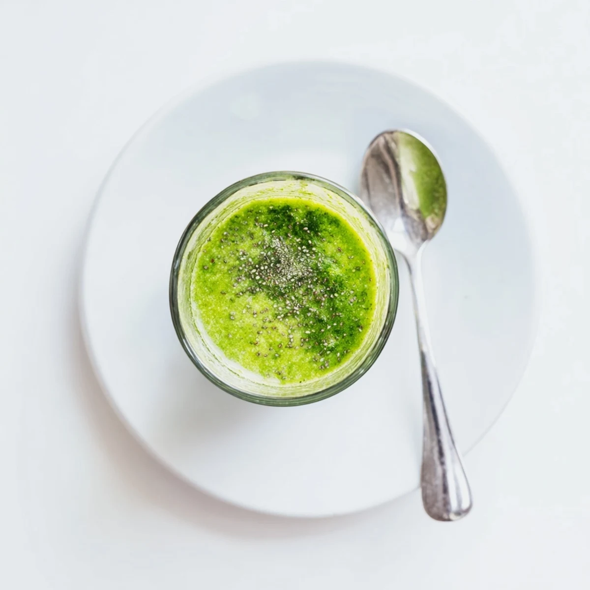 Tall glass of green detox smoothie beside fresh mint and lemon wedges, garnished with chia seeds for a refreshing, nutrient-rich beverage.