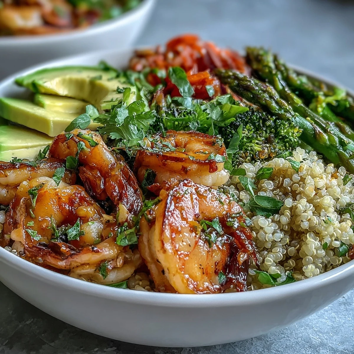 A vibrant Detox Buddha Bowl with Shrimp and Quinoa, featuring seared shrimp, crisp broccoli, and creamy avocado on fluffy quinoa, drizzled with balsamic.