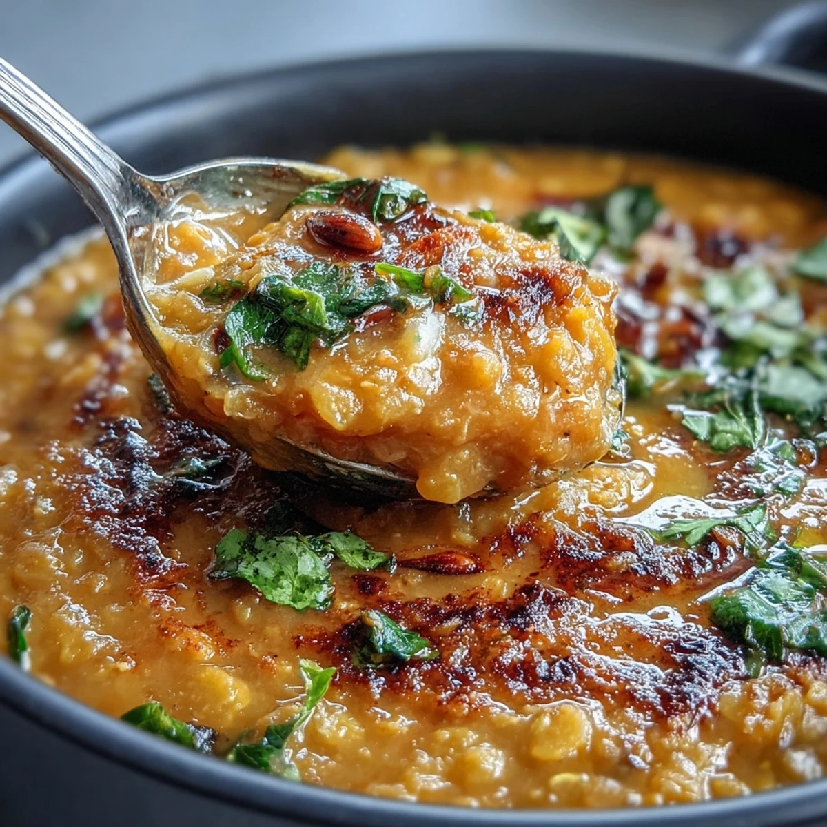 Plated dhal with tender, roasted cauliflower, showcasing aromatic spices and vibrant garnish.