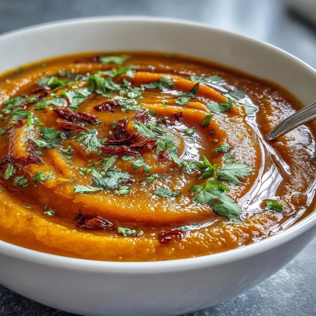 Savory butternut squash and lentil soup, a creamy vegan delight, served warm.