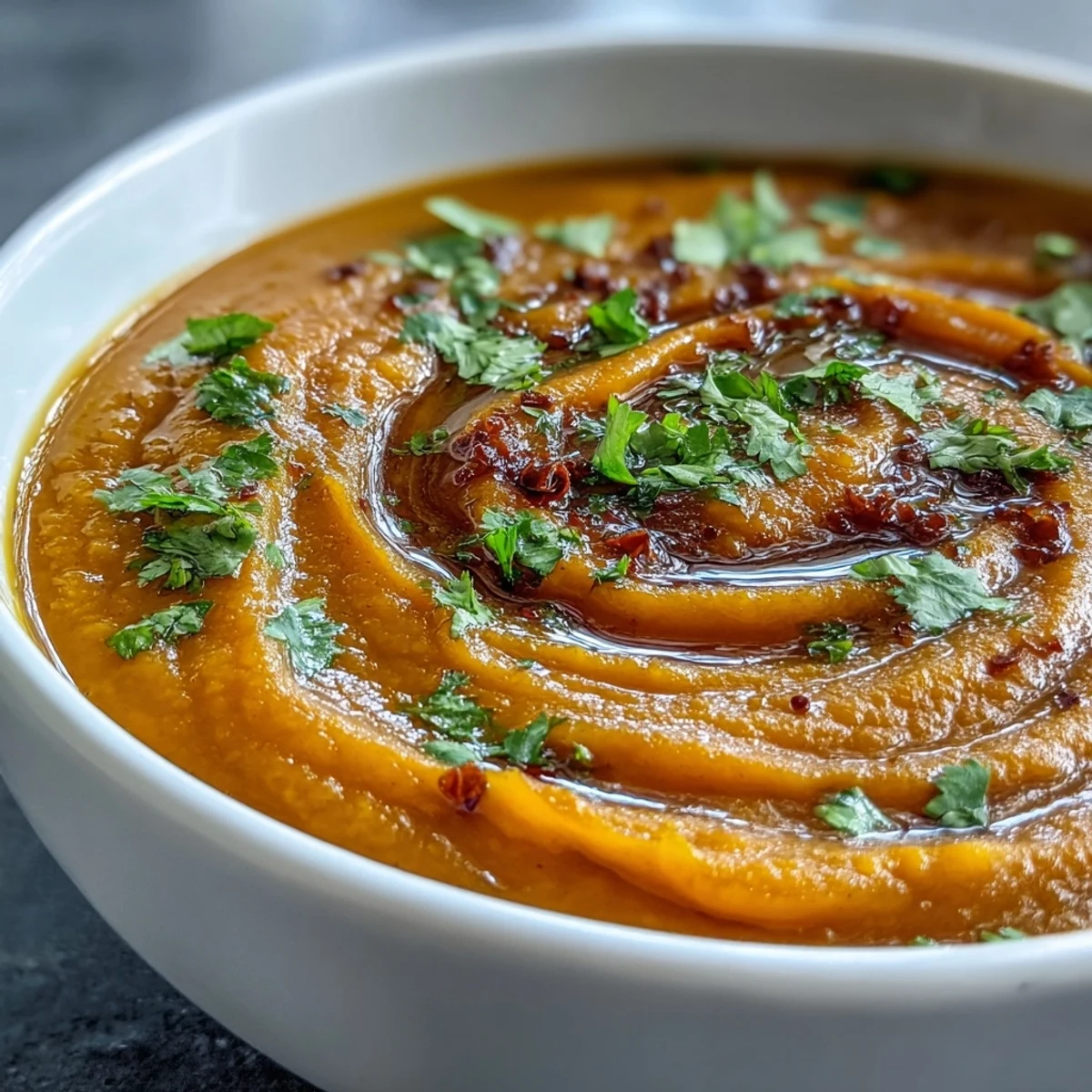 Hearty butternut squash and lentil soup, perfect for a nourishing, cozy meal topping.