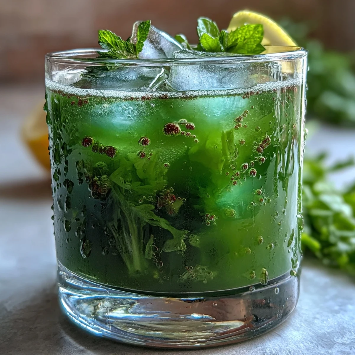 Bright green Celery Ginger Lemon Juice in a mason jar, garnished with mint leaves and lemon wheels, sitting on a rustic wooden table.