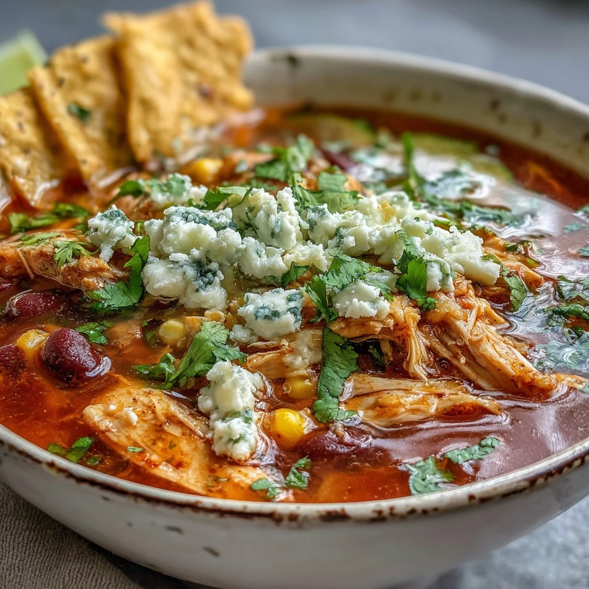 Close-up of Chicken Tortilla Soup with sliced avocado and crumbled cotija cheese, perfect for a cozy weeknight dinner.