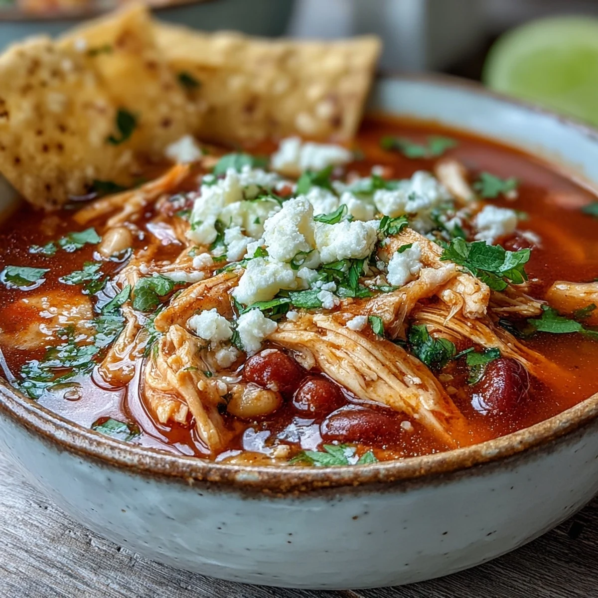 Hearty Chicken Tortilla Soup simmering in a pot, featuring tender chicken, pinto beans, corn, and diced red bell pepper.