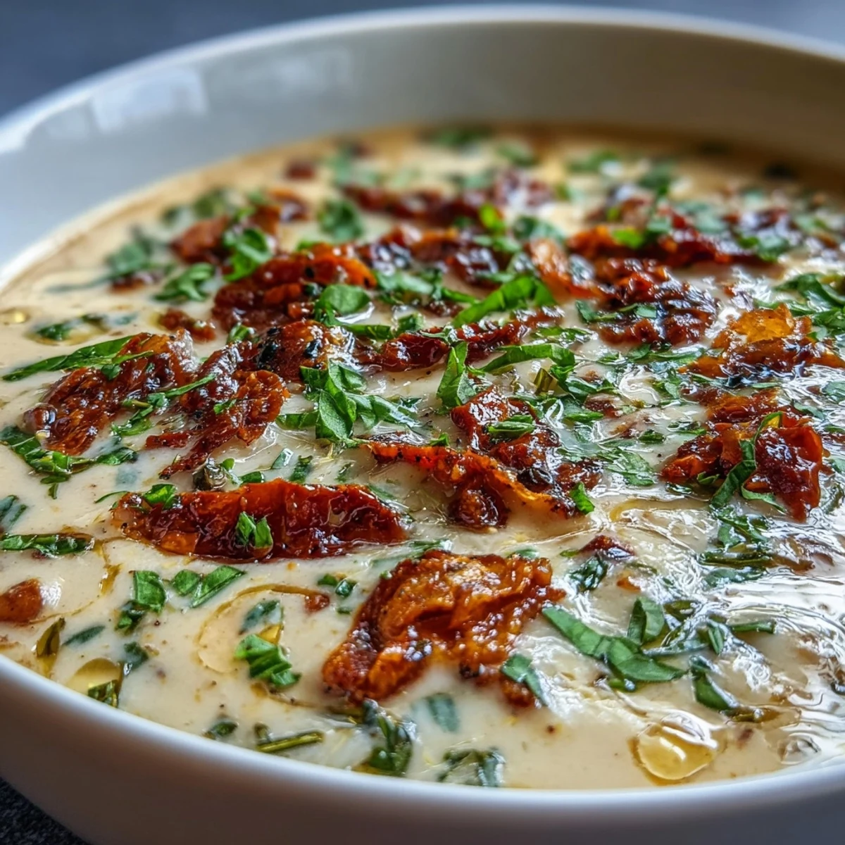 Hearty Italian Creamy Tuscan White Bean Soup with creamy white beans and herbs, served alongside warm crusty bread for dipping.