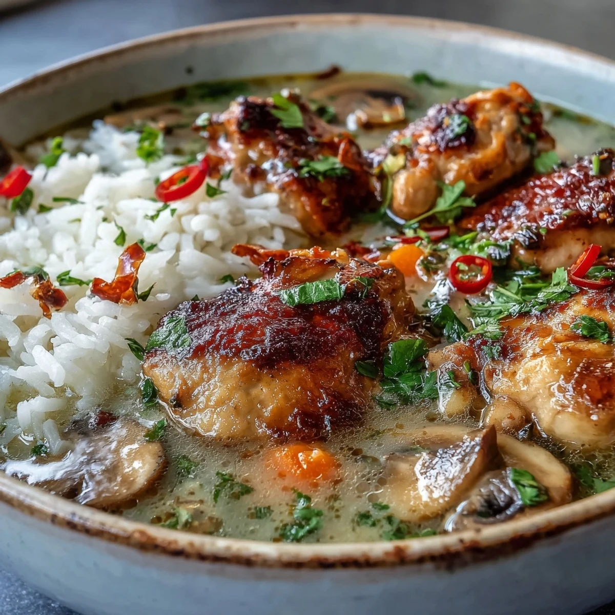 Jasmine rice and savory chicken swim in this aromatic Thai Coconut Curry Soup with vibrant red chili slices.