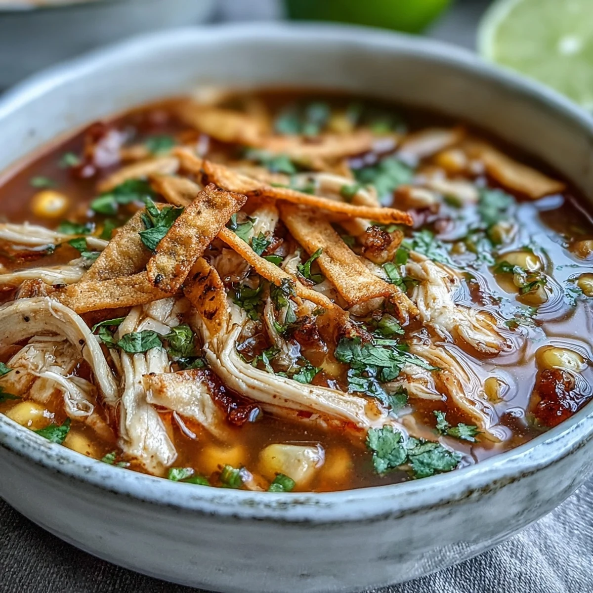 Freshly baked tortilla strips garnish the Best Chicken Tortilla Soup with tender chicken and diced tomatoes.