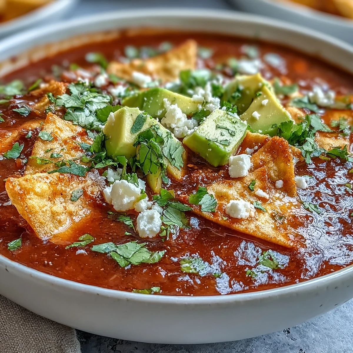 Sopa Azteca served in a rustic bowl with crispy tortilla strips, creamy panela cheese, diced avocado, and fresh cilantro. 