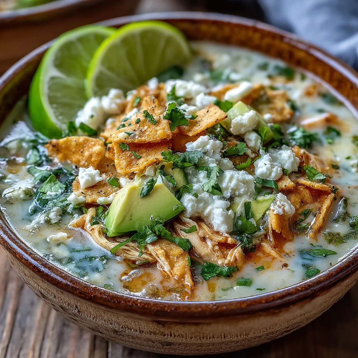 Creamy Chicken Tortilla Soup with shredded chicken, avocado, cilantro, and crispy tortilla chips in a rustic bowl.