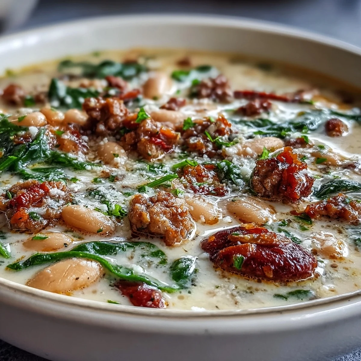 Creamy Tuscan White Bean Soup With Sausage steaming in a rustic bowl, topped with Parmesan and wilted spinach, alongside crusty bread for dipping.