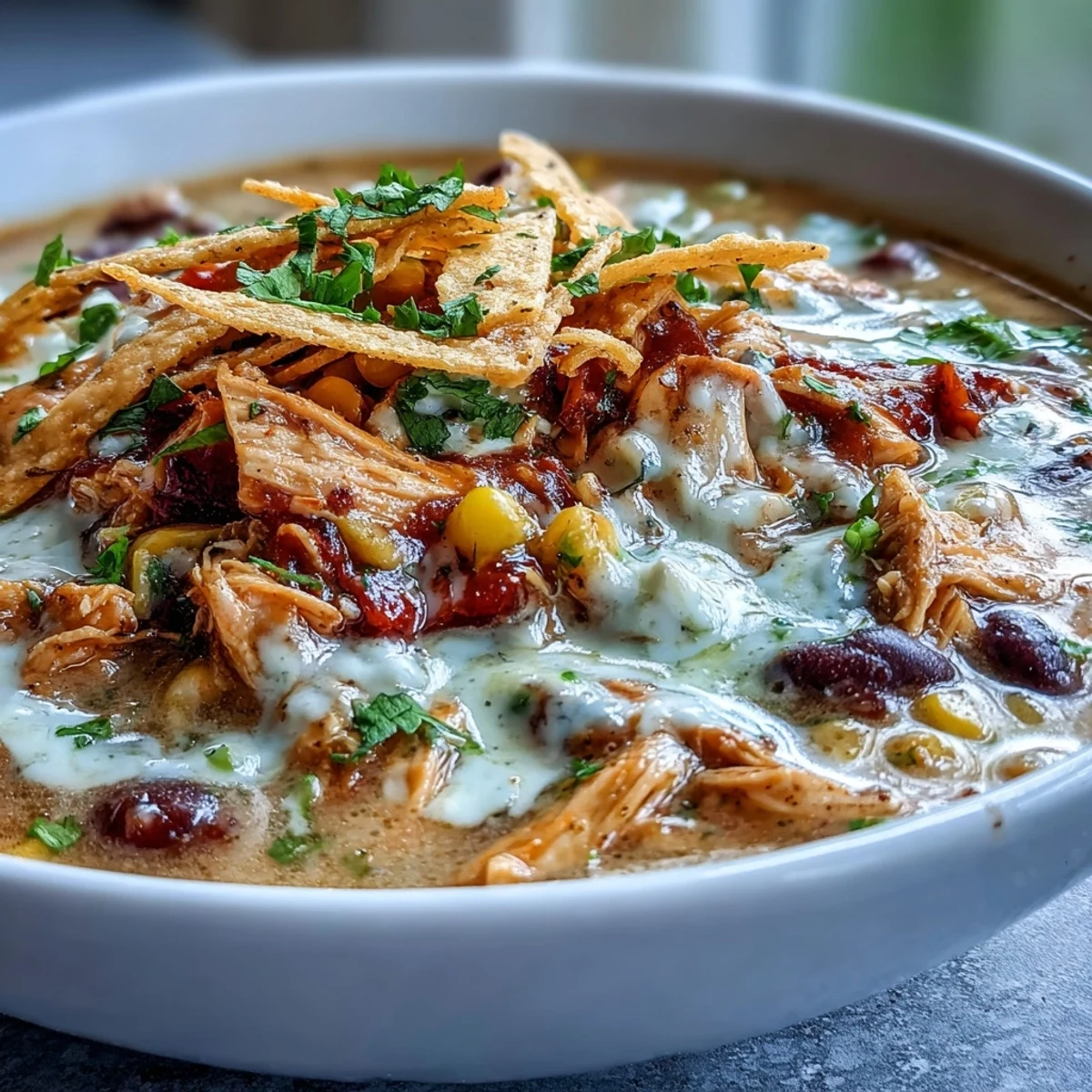 A close-up bowl of Easy Chicken Tortilla Soup topped with melted cheddar, fresh cilantro, and crispy tortilla strips.