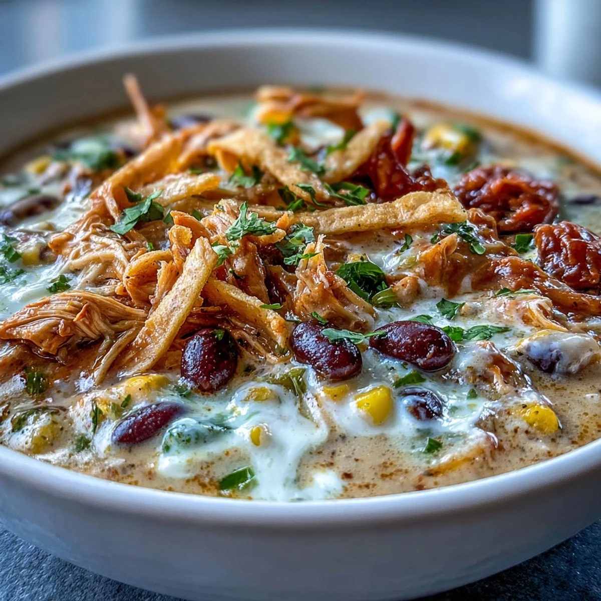 Steaming Easy Chicken Tortilla Soup in a rustic bowl featuring tender chicken, black beans, corn, and zesty tomatoes.