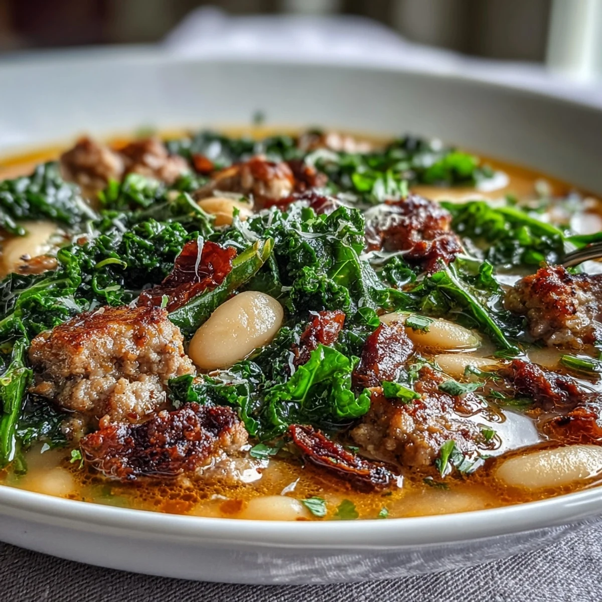 Italian White Bean Soup with Kale and Sausage steaming in a rustic bowl, topped with Parmesan and a drizzle of olive oil.