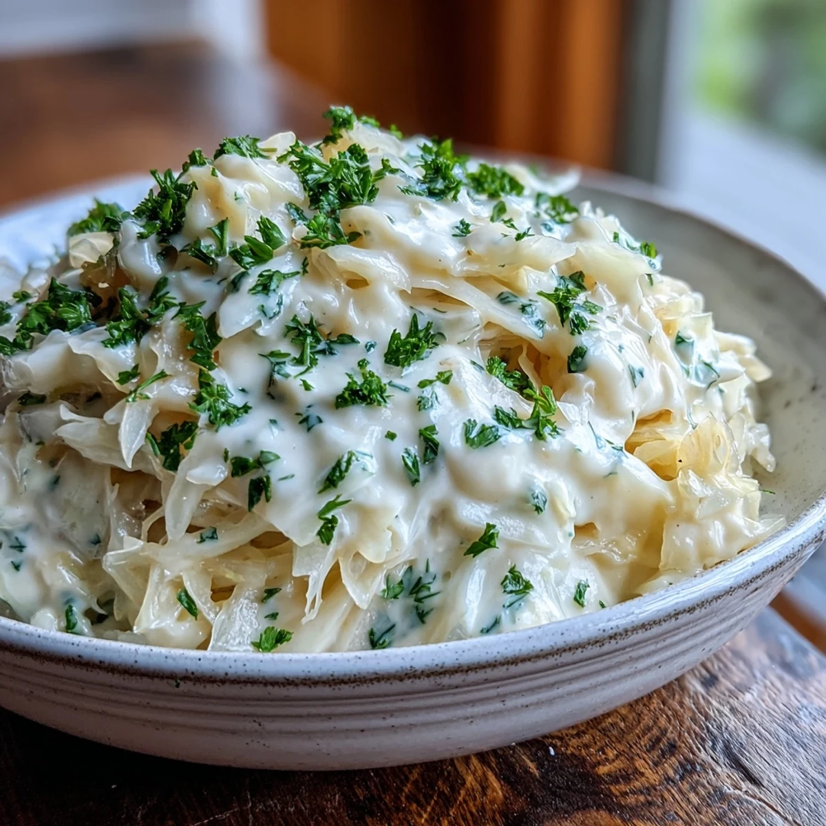 Creamed Cabbage with silky, tender leaves bathed in a rich, creamy sauce in a skillet.