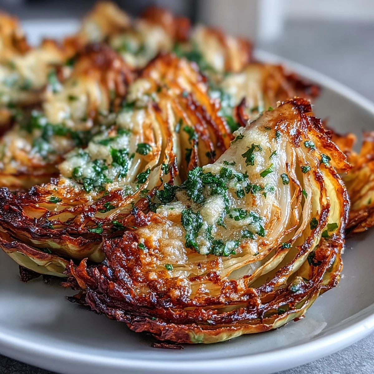 Golden Roasted Garlic Parmesan Cabbage Wedges with crispy edges sit on a baking sheet, ready to serve.