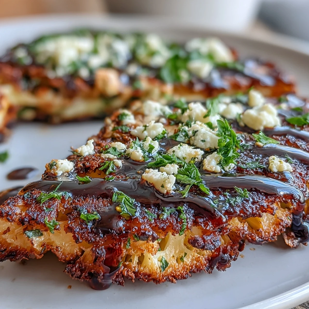 Crispy cabbage steaks topped with feta and balsamic reduction, ready to serve as a Mediterranean-inspired side dish garnished with fresh parsley.