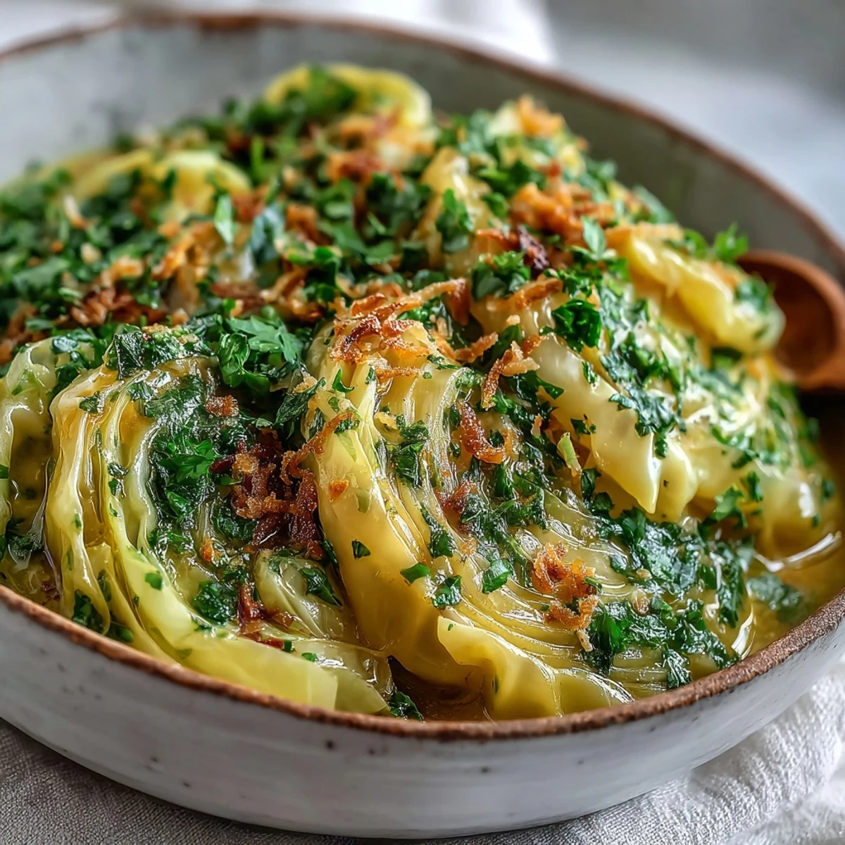 Creamy Coconut Braised Cabbage simmered with turmeric and cumin, garnished with fresh cilantro and served warm.
