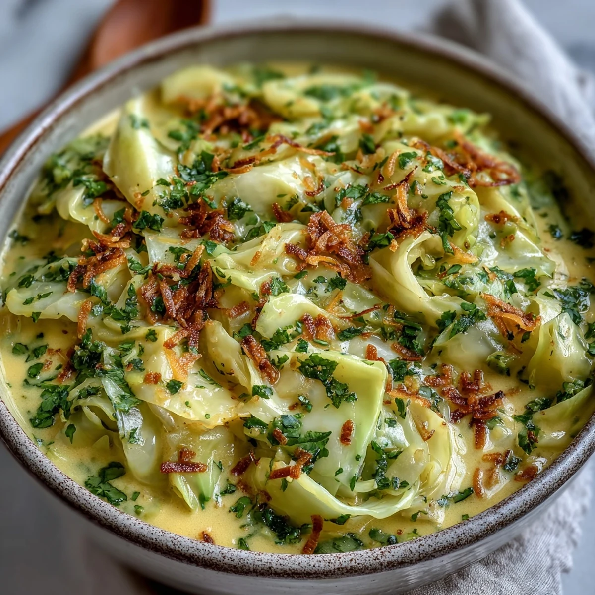 Tender Coconut Braised Cabbage in a rich coconut milk sauce, paired with fluffy white rice for a comforting side dish.
